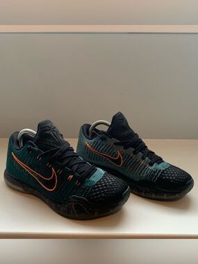 Nike Kobe 10 Elite Low "Drill Sergeant" sneakers, featuring a teal Flyknit upper